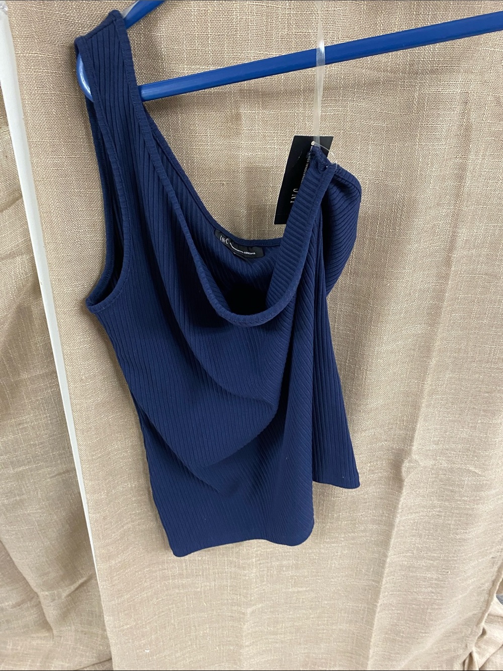 INC International Concepts Navy One-Shoulder Ribbed Dress